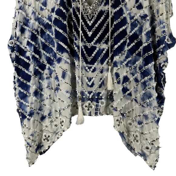 Taj by Sabrina Crippa Blue and White Beaded Kaftan Silk Blouse Size S Cover Up - Picture 2 of 16